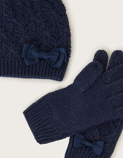Sparkle Bow Hat and Gloves Set, Blue (NAVY), large