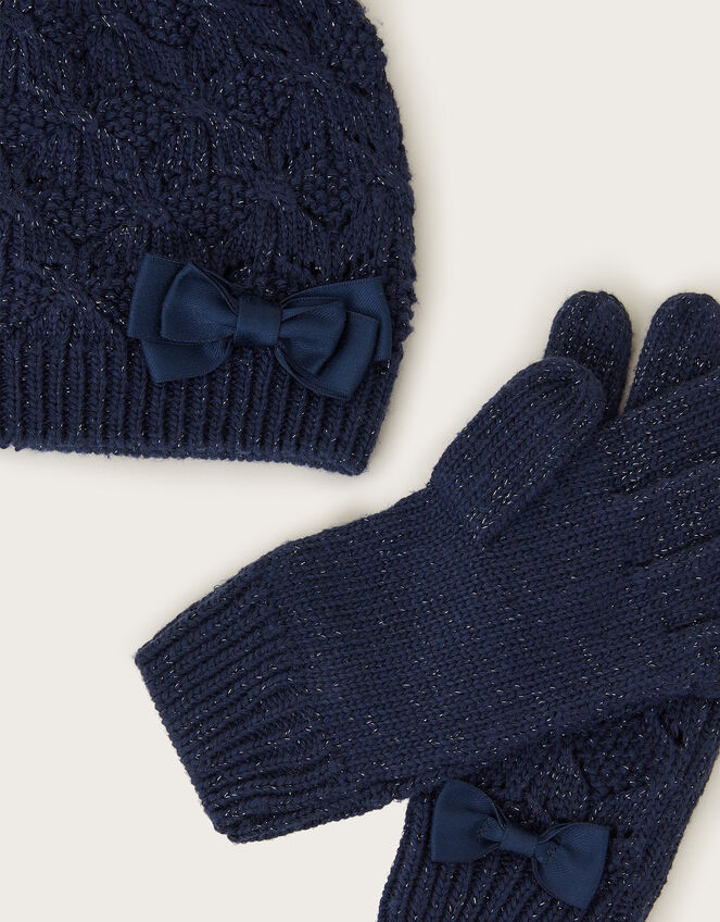 Sparkle Bow Hat and Gloves Set, Blue (NAVY), large