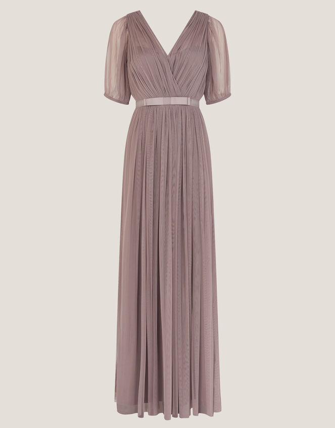 Ellie Sheer Sleeve Plunge Tulle Maxi Dress, Mink (MINK), large