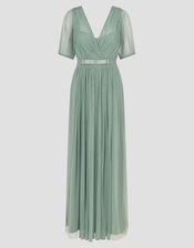 Ellie Sheer Sleeve Plunge Tulle Maxi Dress, Green (SAGE), large