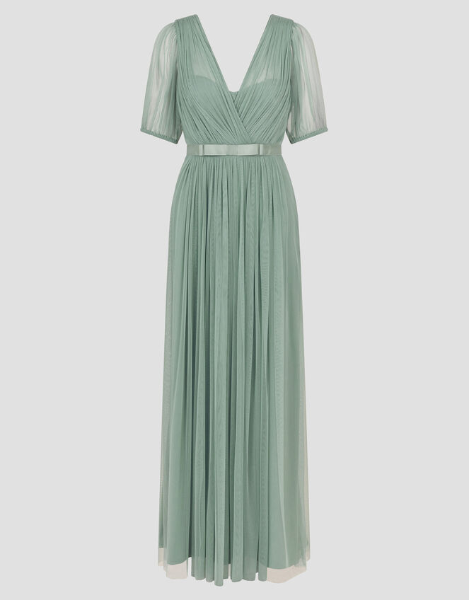 Ellie Sheer Sleeve Plunge Tulle Maxi Dress, Green (SAGE), large