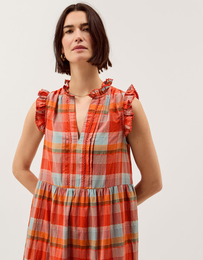 Cecily Check Print Tiered Midi Dress Orange
