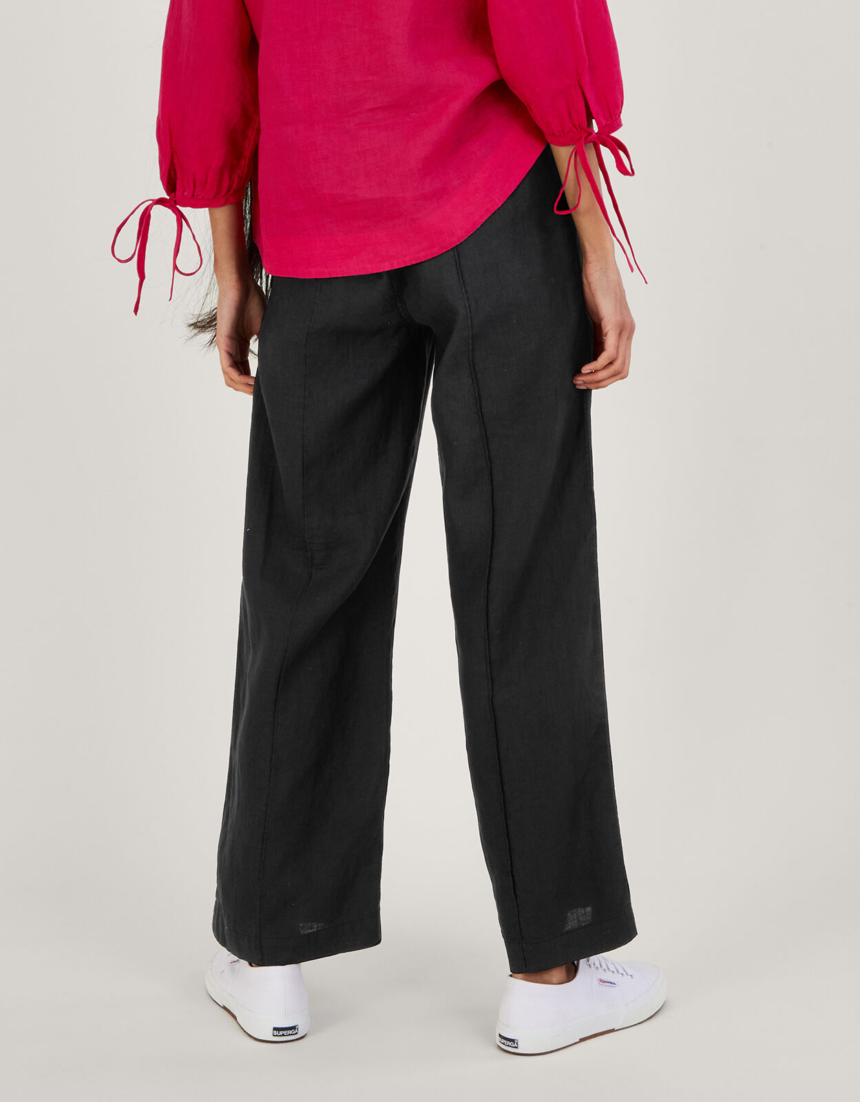 Linen Wide Leg Pull On Trousers Black