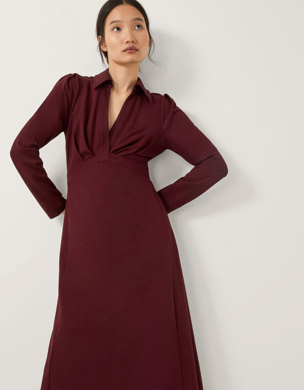 Polly Ponte Jersey Midi Shirt Dress, Red (BURGUNDY), large