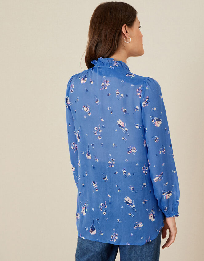 Floral Tie Neck Blouse, Blue (BLUE), large