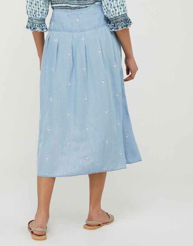 Elsie Floral Embroidered Skirt in LENZING&trade; TENCEL&trade;, Blue (DENIM BLUE), large