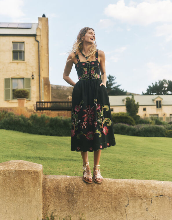 Eleni Floral Embroidered Midi Dress, Black (BLACK), large