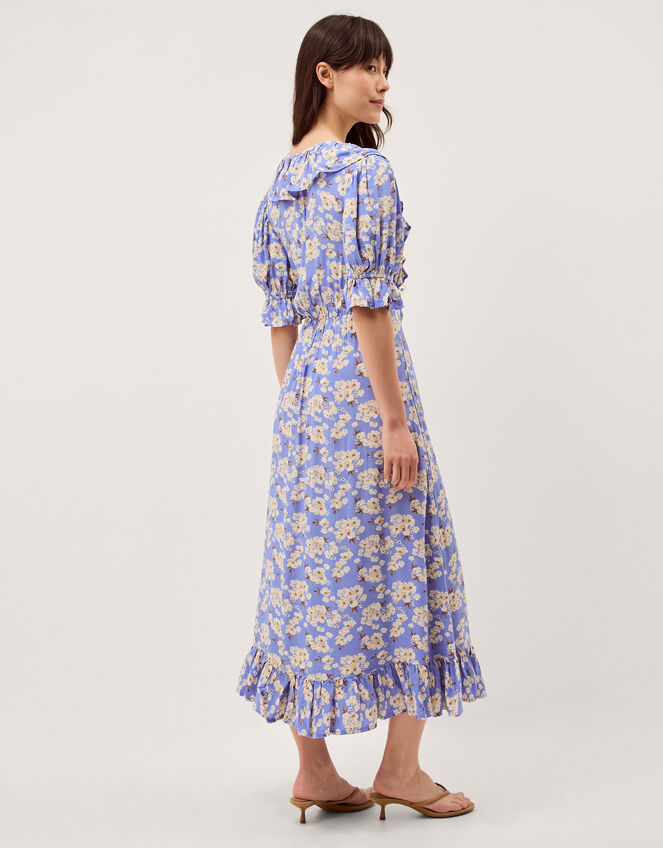 Sian Floral Print Ruffle Midi Dress, Blue (BLUE), large