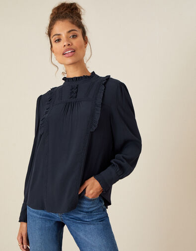 Ruffle and Lace Trim Top Blue, Blue (NAVY), large