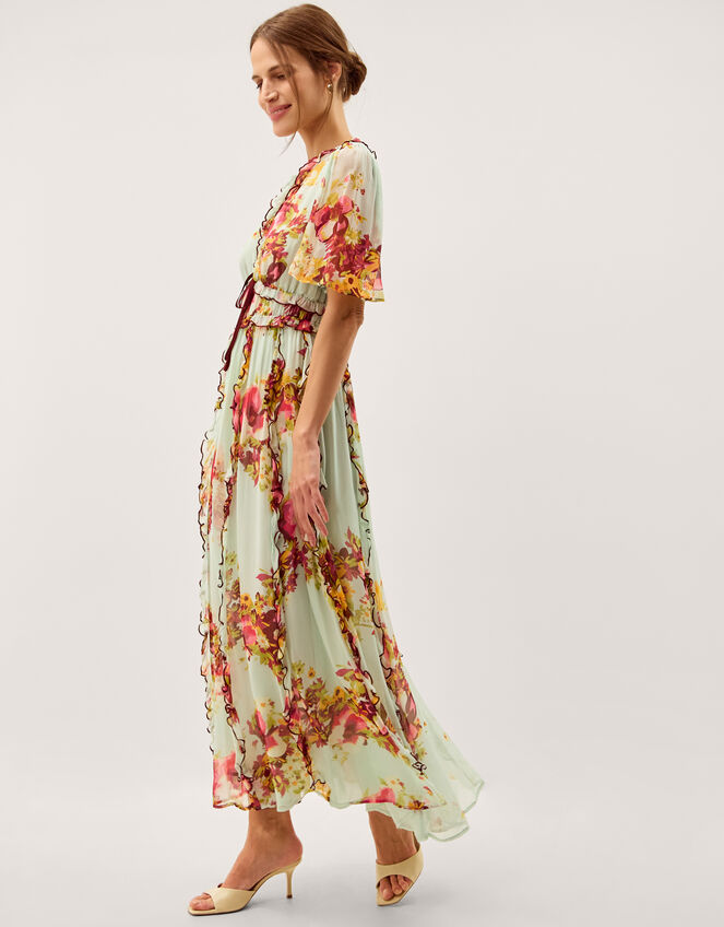 Perrie Floral Print Frill Maxi Dress, Green (SAGE), large