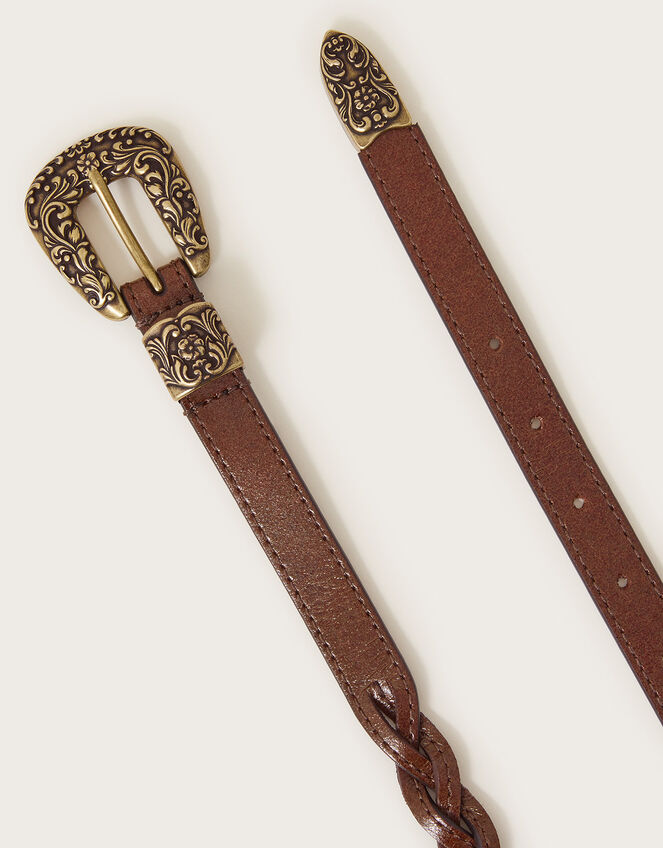 Leather Plaited Western Belt, Tan (TAN), large