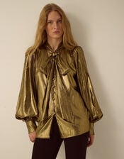 Monsoon x Queens of Archive Debbie Tie Neck Metallic Blouson Blouse​, Gold (GOLD), large