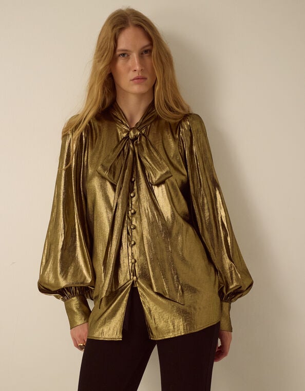 Monsoon x Queens of Archive Debbie Tie Neck Metallic Blouson Blouse​, Gold (GOLD), large