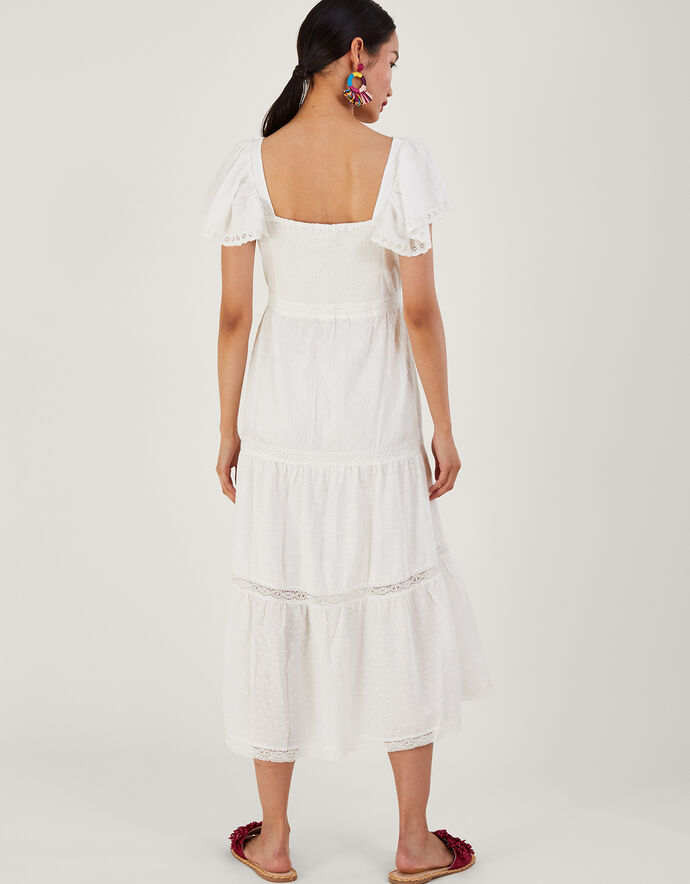 Woven Mixed Fabric Midi Dress White