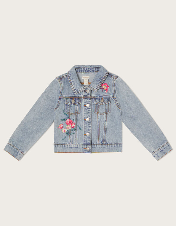 Sequin Floral Denim Jacket, Blue (PALE BLUE), large