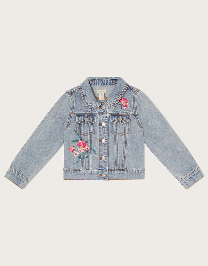 Sequin Floral Denim Jacket, Blue (PALE BLUE), large