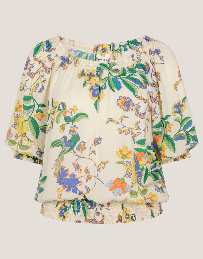 Kaia Floral Print Bardot Top, Ivory (IVORY), large