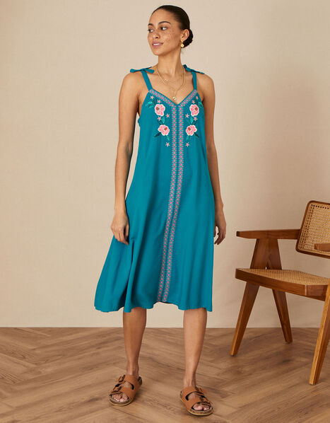 Embroidered Floral Slip Dress in LENZING™ ECOVERO™ Teal, Teal (TEAL), large
