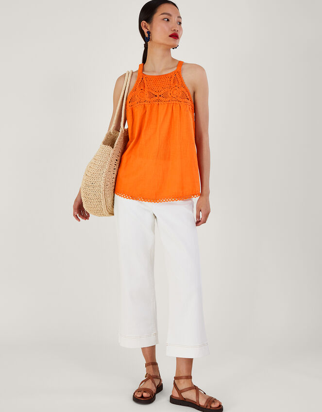 Crochet Neckline Halter Top, Orange (ORANGE), large