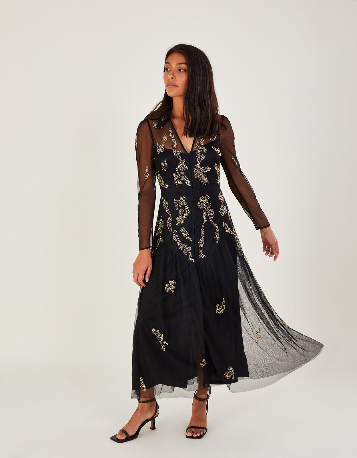 Gina Embellished Shirt Dress in Recycled Polyester Black Evening Dresses Monsoon UK