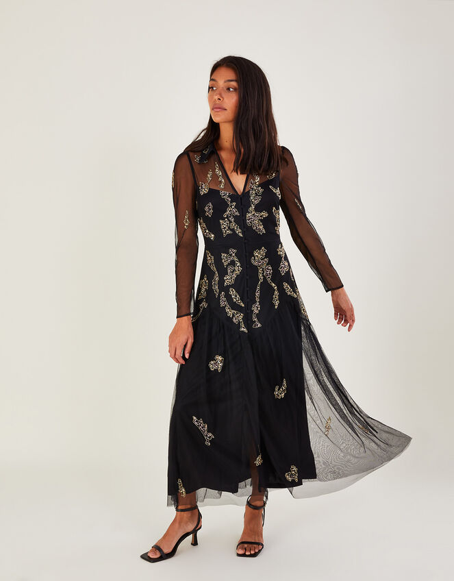 Gina Embellished Shirt Dress in Recycled Polyester, Black (BLACK), large