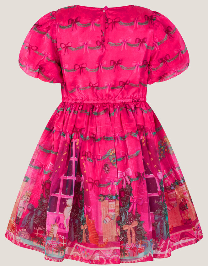 Christmas Scene Bow Puff Sleeve Dress , Pink (PINK), large