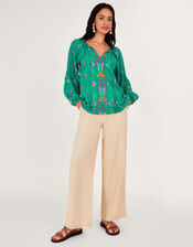 Embroidered Tie Neck Top, Green (GREEN), large