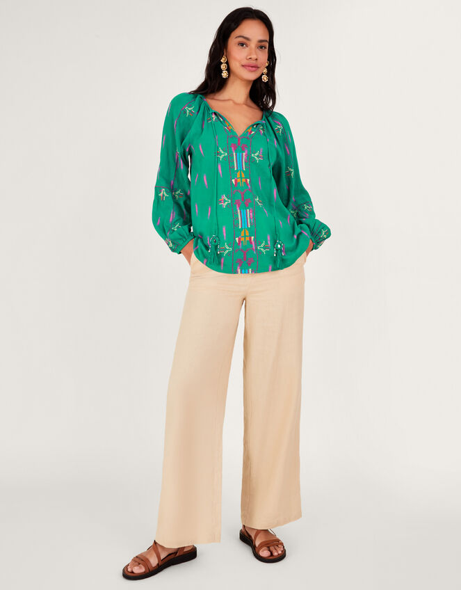 Embroidered Tie Neck Top, Green (GREEN), large