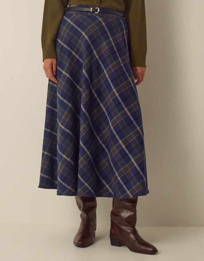 Willa Check Print Cotton Midi Skirt, Blue (NAVY), large