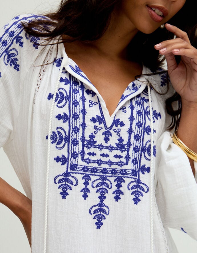Off White Embroidered Taftta Kaftan
