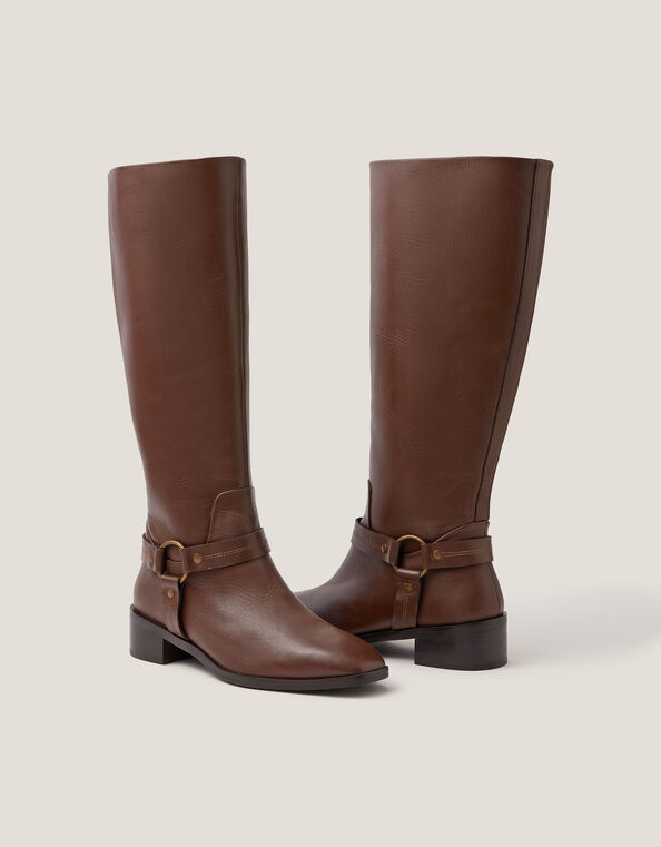 Arlo Buckle Knee High Leather Boots, Brown (BROWN), large
