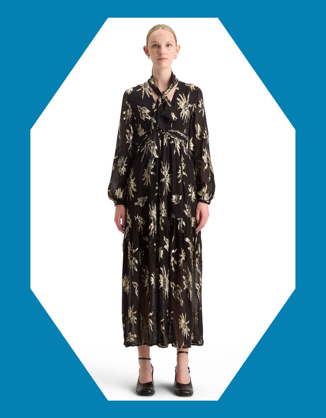 Scotch and Soda Metallic Tie Neck Maxi Dress, Black (BLACK), large