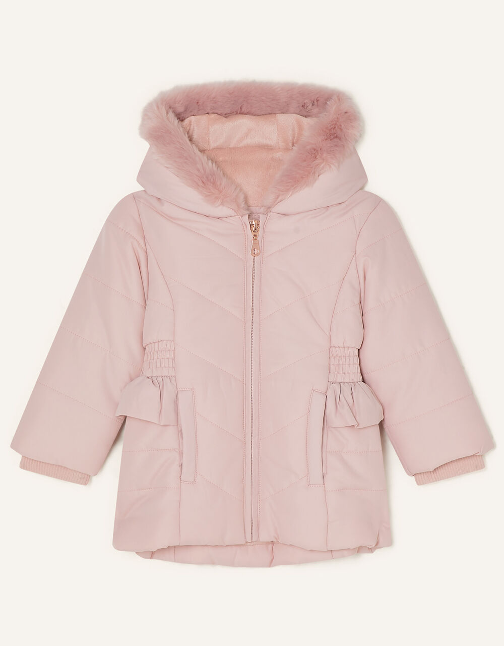 Baby Frill Shirred Waist Padded Coat Pink Coats & Jackets Monsoon UK.