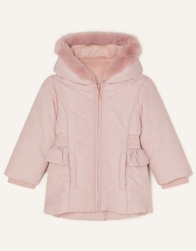 Baby Frill Shirred Waist Padded Coat Pink, Pink (PALE PINK), large