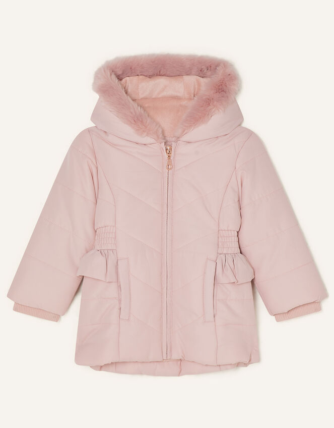 Baby Frill Shirred Waist Padded Coat, Pink (PALE PINK), large
