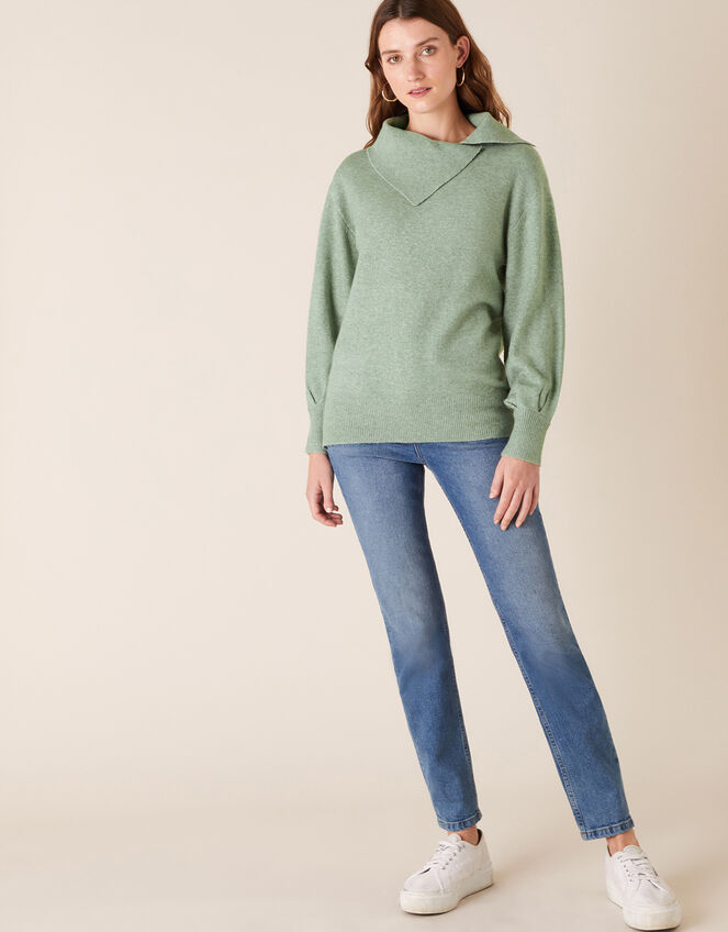 Split Neck Knit Jumper, Green (GREEN), large