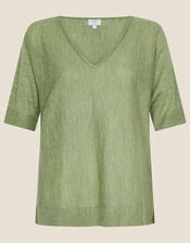 V-Neck T-Shirt Jumper in Linen Blend, Green (KHAKI), large