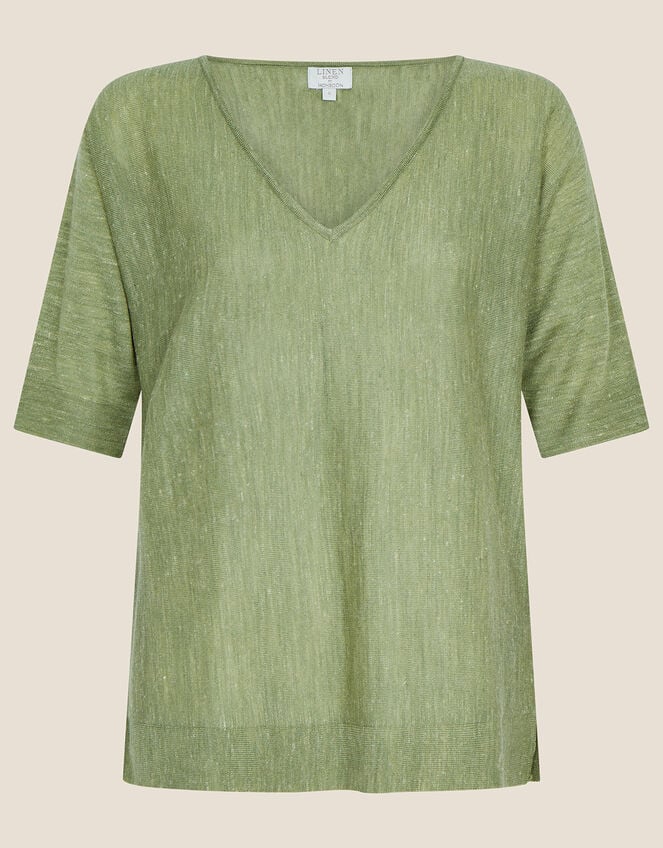 V-Neck T-Shirt Jumper in Linen Blend, Green (KHAKI), large