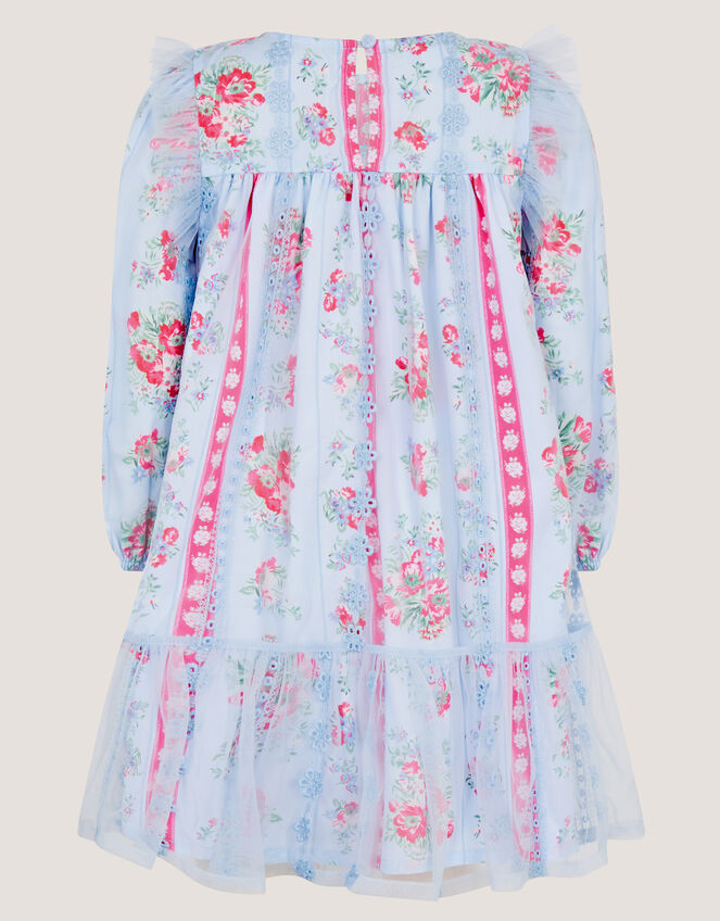 Floral Broderie Long Sleeve Dress & Hair Scrunchie, Blue (BLUE), large