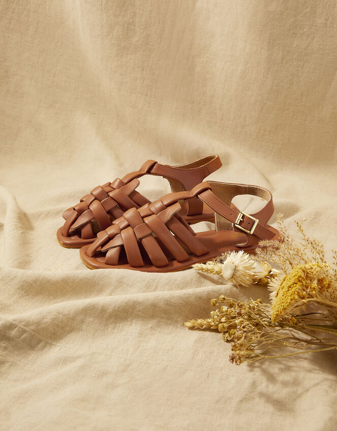 Leather Strap Covered Sandals, Tan (TAN), large