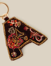 Floral Embroidered Velvet Initial Keyring, Brown (CHOCOLATE), large