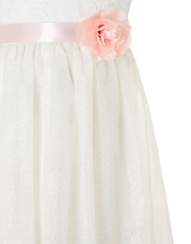 Melody Sparkle Dress with 3D Flower Belt, Ivory (IVORY), large
