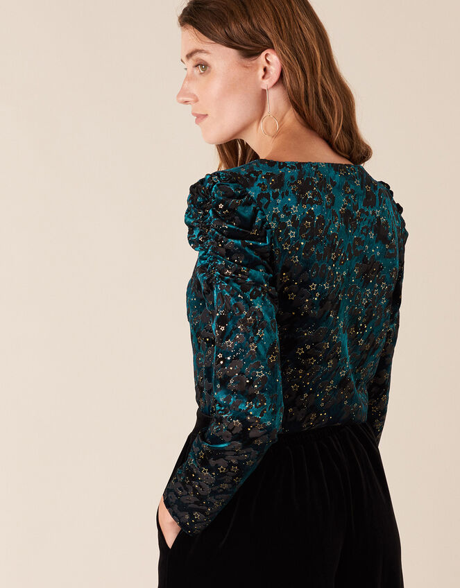 Sadie Animal Stretch Velvet Devore Top, Teal (TEAL), large