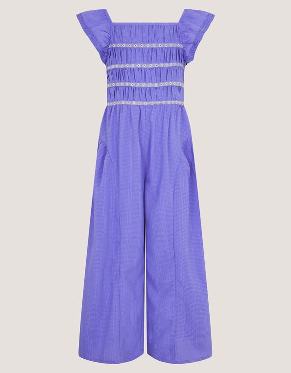 Floral Shirred Textured Jumpsuit, Blue (BLUE), large