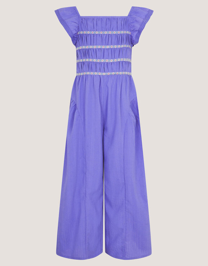 Floral Shirred Textured Jumpsuit, Blue (BLUE), large