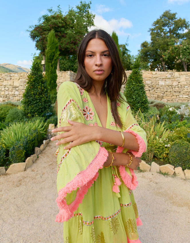 Piti Cuiti Floral Embroidered Mini Kaftan Dress, Green (LIME), large