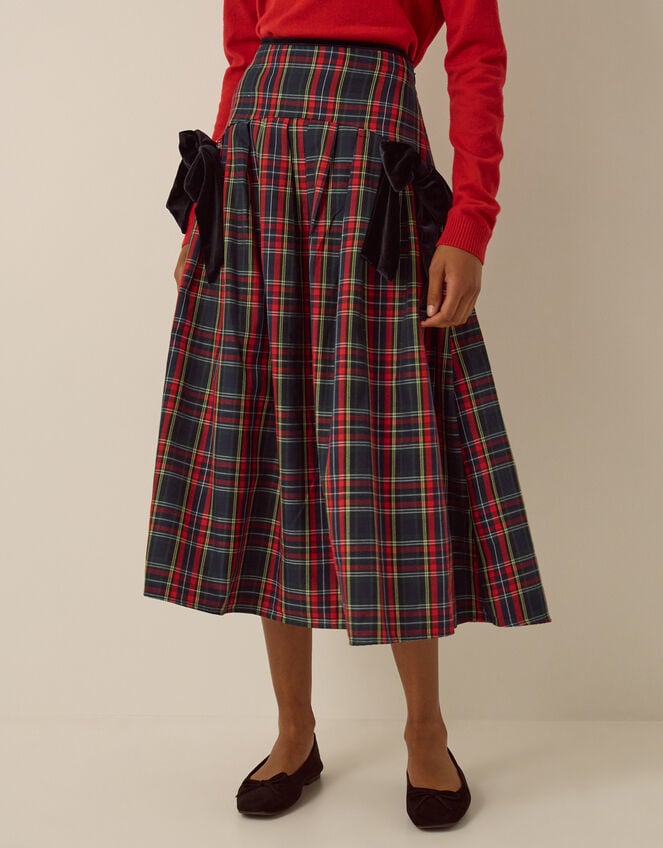 Dottie Velvet Bow Tartan Midi Skirt, Red (RED), large