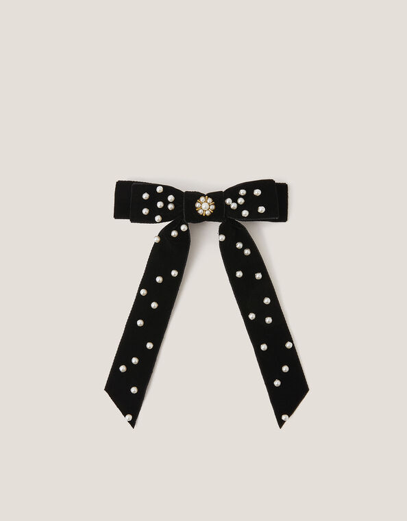 Pearly Velvet Ribbon Bow Hair Clip, , large