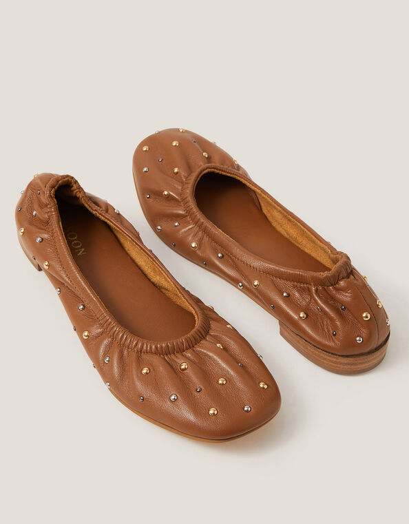 Mila Leather Stud Ballet Pumps, Tan (TAN), large