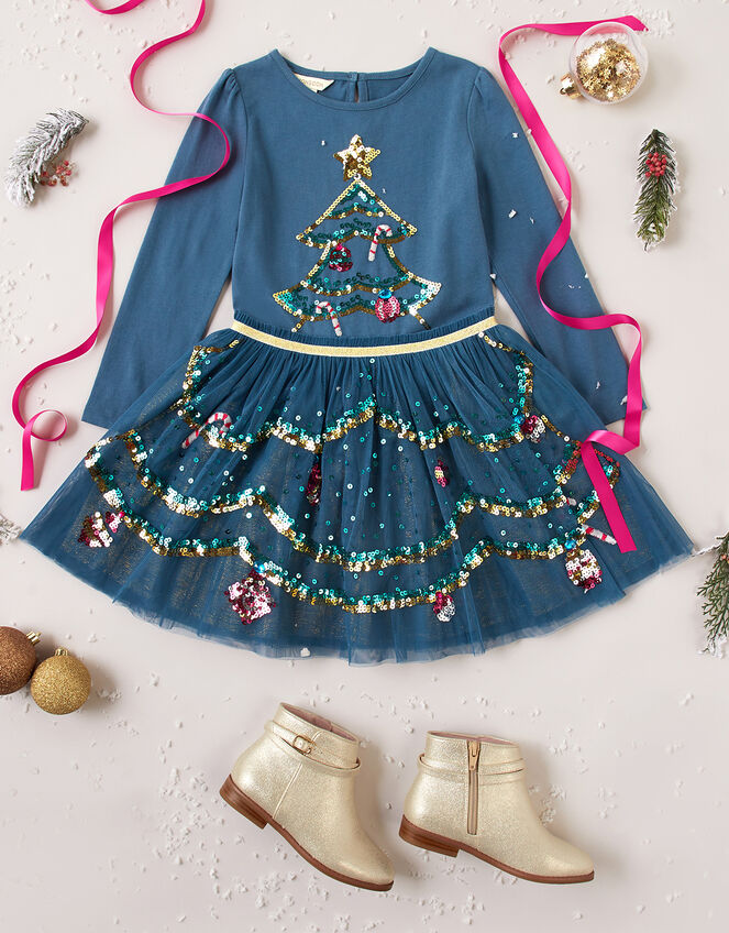 XMAS Sequin Tree Disco Dress Teal | Girls' Dresses | Monsoon UK.